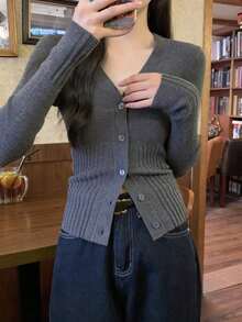 V领设计，细扣环，长袖，罗纹针织毛衣，女士开衫，适合秋冬季、返校季、圣诞节和新年等场合，优雅休闲的长袖上衣 - 灰色 - 查看 8