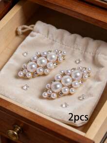 2pcs Beige Faux Pearl & Rhinestone Metal Decor, Fashion Elegant Classic Cute DIY High Heel Shoes Accessories, Suitable For Stylish Sexy Ladies' Date Shoes, Boots, Sneakers, Clothing Brooch Clips, Bag Clips, Home Decor Multipurpose Decorations - Beige - View 2