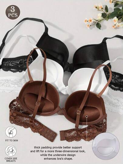 3pcs Elegant Sexy Lace Trim Underwire Push-Up Bra - Thick Padding For Better Lift, Adjustable Straps, Underwire Shaping For Fuller Bust. [Suitable For Small Bust]