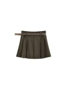 New Autumn/Winter High Waist A-Line Pleated Wool Blend Mini Skirt With Belt - Coffee Brown - View 5