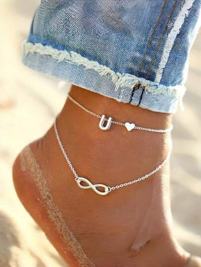 1 pieza Tobillera con diseño de corazón y letra del abecedario en estilo bohemio, tobillera de verano con letras para mujer, regalo de viaje