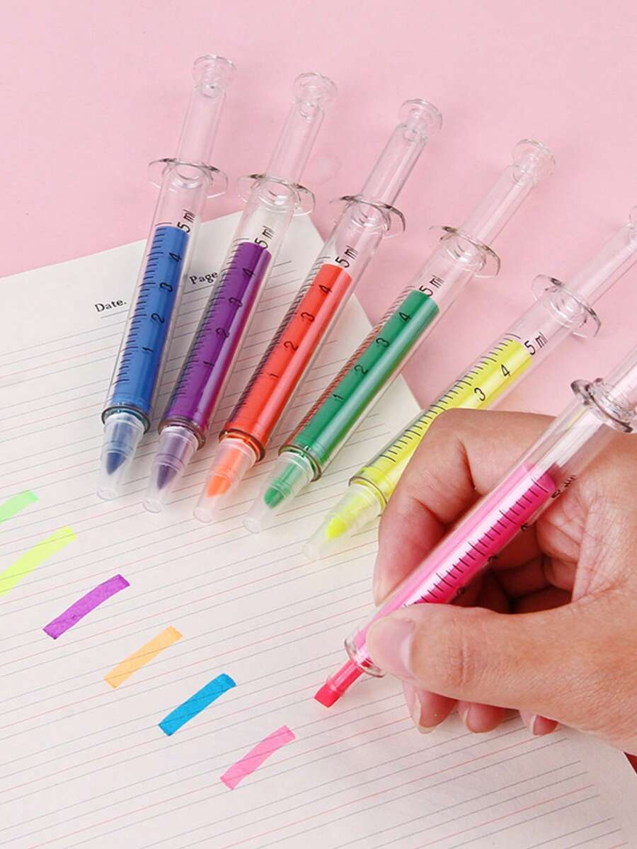 Fine Needle Cylinder Modeling Fluorescent Pen Creative Syringe Fluorescent Marker Six-Color School Supplies Fluorescent Pen Creative Fun Six-Color Fluorescent Marker.