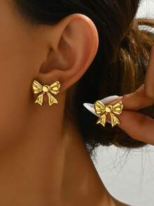 1 Pair Fashionable Stainless Steel Bow Earrings, Daily Accessories For Women - Multicolor - View 3