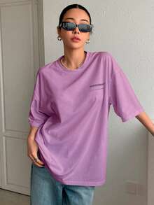 T-Shirt With "Perseverance" Print Lettering. Minimalist, Casual, Modern, Sophisticated, Simple, Basic, Summer, Oversized. - Baby Pink - View 4