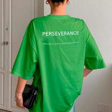T-Shirt With "Perseverance" Print Lettering. Minimalist, Casual, Modern, Sophisticated, Simple, Basic, Summer, Oversized. - Green - View 9