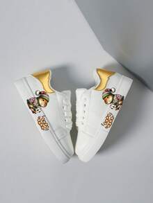 儿童休闲运动鞋，新款春秋时尚可爱卡通印花透气软底学生白色鞋 - 金色 - 查看 5