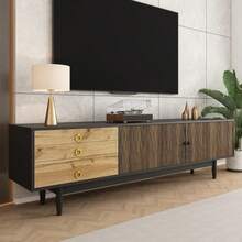 TV Cabinet, Lowboard With Door Panels Featuring A Water Wave Pattern And Three Drawers In A Wood And Black Color Scheme. - 自然色 - 查看 3