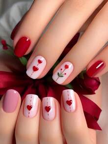 Bộ móng tay nghệ thuật ngày Valentine hình trái tim dễ thương, 24 móng giả, móng dán, móng giả phong cách Y2K, móng hồng và đỏ. - Hồng - Xem 8