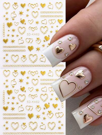 情人节优雅金色爱心链条星形美甲贴纸 - 5D闪亮爱心镂空图案，金色爱心纹样，箭穿过爱心，可重复使用塑料美甲贴纸，适用于美甲、足疗和美甲设计，梦幻主题，预涂胶美甲贴纸
