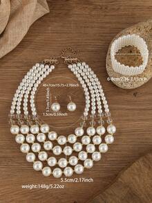 夸张多层蒲公英手工串珠仿珍珠项链、手链和耳环三件套，复古波西米亚风 - 白色 - 查看 2