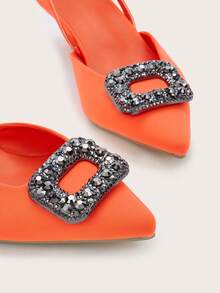 2.5cm Heel Pointed Toe Sandals, Elegant Square Rhinestone Buckle Decor, Kitten Heel Mules, Comfortable Slingback Pumps For Work & Casual, Low Heel Non-Fatiguing
