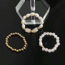 3pcs Bohemian Style Natural Stone & Cultured Pearl Beaded Ring Set, Stainless Steel Beads, Elastic Adjustable, High-End Jewelry Gift Suitable For Daily Wear, Festivals, Weddings, Parties - Natural Stone Freshwater Pearl Ring Set - View 6