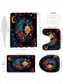 1/4pcs Sun Moon Star Pattern Bathroom Shower Curtain Set, Waterproof Curtains With Plastic Hooks, Bathroom Carpet, U-Shaped Mat, Toilet Cover Mat, Bathroom Decor - Nhiều màu - Xem 3