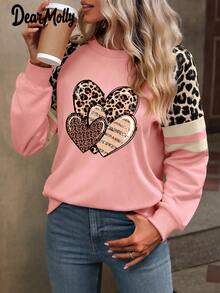 DEAR MOLLY 女士情人节爱心印花套头卫衣，复古豹纹休闲卫衣，冬季新年穿搭，情人节送她的礼物 - 粉色 - 查看 2