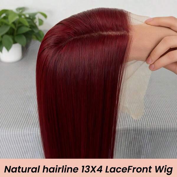 Perruque synthétique à front en dentelle droite soyeuse longue de couleur rouge bourgogne 99J pour femmes, avec nœuds blanchis pré-épilés, résistante à la chaleur, pour le cosplay, les fêtes et l'usage quotidien