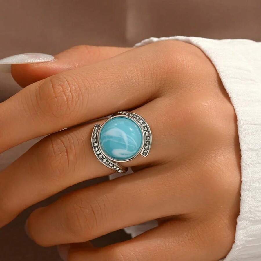 Bague vintage en pierre ronde synthétique bleu ciel, convient pour la mode féminine, le quotidien, les festivals, les fêtes. Cadeau de bijoux - R1939 - Voir 1