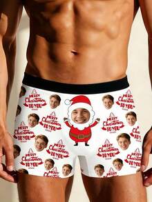1pc Customized Men's Briefs - Personalized Face & Santa Claus "Merry Christmas" Design, Customized Men's Underwear | Top Birthday/Anniversary Gift, Ideal Boyfriend Gift, Customizable Men's Underwear, Men's Gift, Christmas Gift, Adult Christmas Stocking Stuffer, Thanksgiving, Thoughtful Versatile Gift For Boyfriend - Multicolor - View 3
