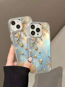 Estuche para teléfono con detalles florales dorados Compatible con estuches para teléfonos   17  16 Pro Max  15 Pro Max  13 y  12 Hecho de material TPU a prueba de caídas, resistente al desgaste y cómodo de sostener Un gran regalo para familiares, amigos, seres queridos, novios, novias y para Navidad - Plateado - Ver 6