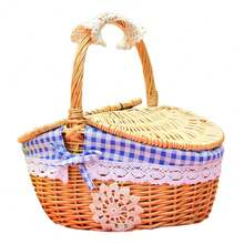 1-Piece Elegant Covered And Handle Oval Wicker Picnic Basket Storage Basket, Suitable For Kitchen Daily Storage, Camping, Outdoor Parties, Etc - 淺藍色 - 查看 5