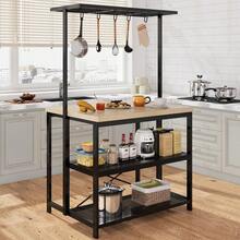 Belect 42 Inch Kitchen Island With Storage, Large Bakers Rack Microwave Stand With 3-Tier Shelves, 5 Hooks For Pantry Organization, Kitchen Counter Prep Table, Natural - Black - View 2