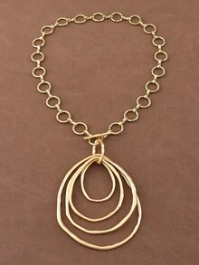 SUPBORA 1pc Fashion Matte Gold/Silver Color Asymmetrical Open Hollow Square Shape Pendant Chunky Chain Statement Necklace Suitable For Women's Daily Wear 18" - Open Oval - View 3
