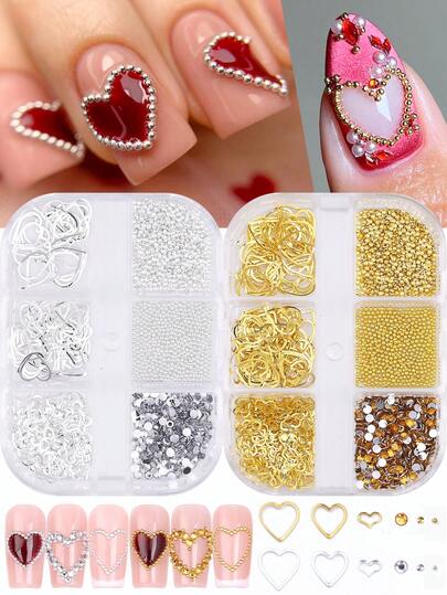 1/2 Box Gold & Silver Heart Shaped Hollow Glitter, Rhinestone, Beads Nail Art Jewelry Accessories, Suitable For Valentine's Day Nail Salon Supplies