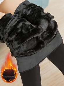 1件装女士高腰修身保暖内衬打底裤，冬季 - 黑色 - 查看 3