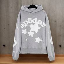 Men's Sp5der Hoodie, 1 Pcs Foam Letter 555 Graphic Print Pullover, 400g 100% Acrylic Wool-Like Fabric European & American Streetwear - Màu Xám nhạt - Xem 3