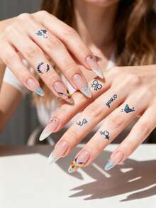 6片/2片装草本汁半永久魔法纹身贴纸，女士专用 - 迷你简约纹身，图案简洁优雅，包括心形、蝴蝶结和小动物。不染色，不反光。可贴于手指、手腕、肩膀、脖子、锁骨及身体其他部位。防水。不反光纹身贴纸。