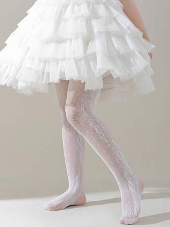 1/2 par flickor sommar enfärgade vita/beige ihåliga spetsnät andningsbara strumpbyxor, mångsidiga vardagskläder