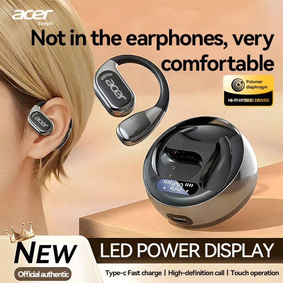 Acer OHR510 蓝牙耳机，开放式设计，带充电盒，挂耳式无线耳机，立体声，降噪，低延迟，舒适佩戴，适合学习、商务、运动、跑步、骑行，兼容手机、平板电脑、笔记本电脑，推荐圣诞节和情人节礼物