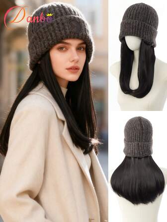 16 Inch Long Curly Wave Wig With Elastic Knitted Cap Synthetic Straight Curly Wavy Hat Wig For Women High Temperature Fiber, Natural Look For Daily Wear, Basics Style