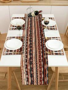 1 szt. bieżnik na stół z geometrycznym wzorem, 4 szt. podkładek z geometrycznym nadrukiem, odpowiednie na święta, imprezy, urodziny, kolacje, wystrój stołu w kuchni i jadalni, całoroczny wystrój domu i salonu - Wielokolorowe - Zobacz 2