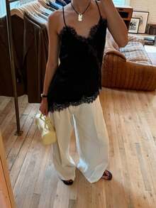 New Arrival Women's Fashion Sexy Asymmetric Lace Camisole Black Summer - Black - View 3