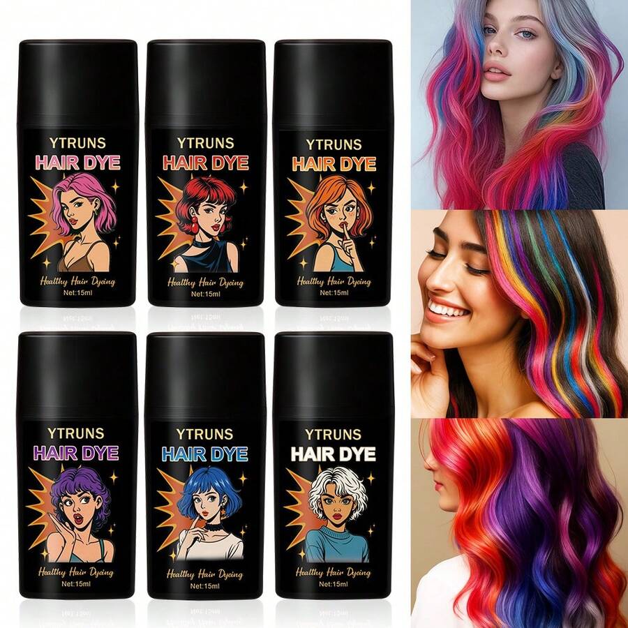 Ytruns 15ml Tinte de pelo temporal con pincel, crema de tinte de pelo lavable al instante, fácil de crear destellos coloridos, aplicación conveniente, adecuado para maquillaje de moda diario, maquillaje de festival, juego de roles, fiesta nocturna y fotografía - Multicolor - Ver 1