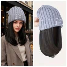 Winter Hat With Built-In Hair, Warm Synthetic Fiber Beanie Wig Combo, Slouchy Topper For Women, Cold Weather Cap For Halloween Christmas - 灰色帽子深棕色頭髮 - 查看 1