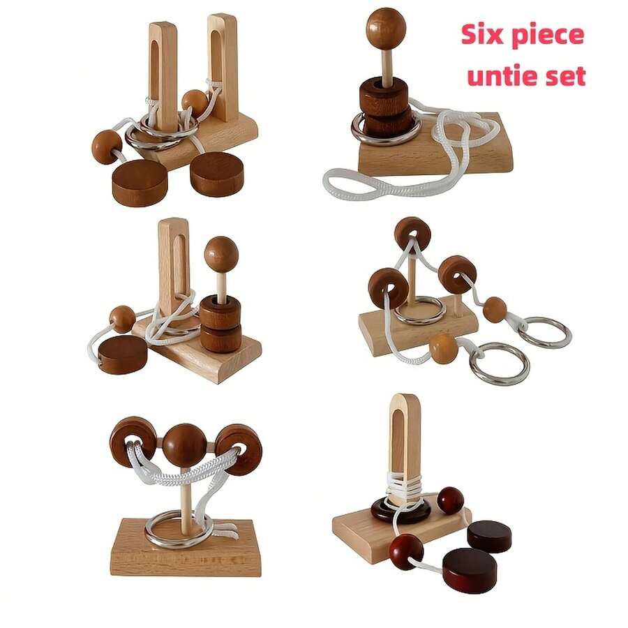 Un jeu de puzzle en bois de 6 pièces, un jouet de réflexion extrêmement stimulant avec des colonnes et une gamme de blocs intellectuels pour déchiffrer et résoudre des énigmes afin de favoriser le développement cognitif.