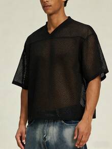 1PCS Summer Boxy Fit Crochet T-Shirt Men's 100% Polyester Mesh Jersey, Casual Urban Oversized Streetwear High-Quality V Neck Short-Sleeved Fashion Breathable Men Sexy Summer See Through Top Tee - 黑色 - 查看 2