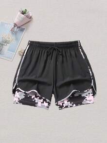 女士夏季休闲运动短裤，抽绳腰带，带口袋，独特的撞色设计，时尚美观，适合日常休闲穿着、跑步、骑行、球类运动、健身和其他运动。 - 黑色 - 查看 1