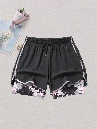 Conjunto de 2 piezas de shorts deportivos para mujer, con cintura con cordón, bolsillos interiores, adecuado para correr, baloncesto, fitness y otras actividades deportivas, color negro