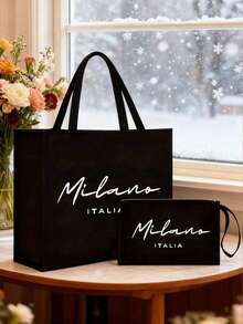 Bộ 1 túi tote vải lanh, bao gồm 1 túi tote in chữ "Milan, Italy" và 1 túi nhỏ in họa tiết hoa và chữ cái, bao bì quà tặng cá nhân hóa, phù hợp cho đám cưới, sinh nhật, đi biển, kỳ nghỉ và nhiều dịp khác, món quà hoàn hảo cho phụ nữ, mẹ, giáo viên, bạn bè, phù dâu, sinh viên và mùa tựu trường. - Nhiều màu - Xem 2