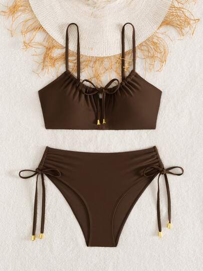 女士纯色露背系带蝴蝶结比基尼套装，海滩度假