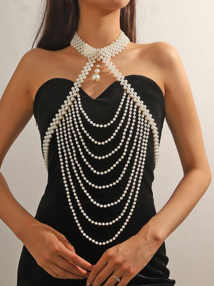 Elegant Vintage Style Multi-Layer Tassel Faux Pearl Women Shoulder Chain - Suitable For Weddings And Parties - White - View 1