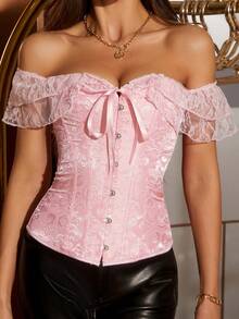 女士高级束身胸衣，优雅提花露肩性感塑形派对紧身胸衣，新款时尚女士粉色瘦身紧身胸衣 - 粉色 - 查看 1