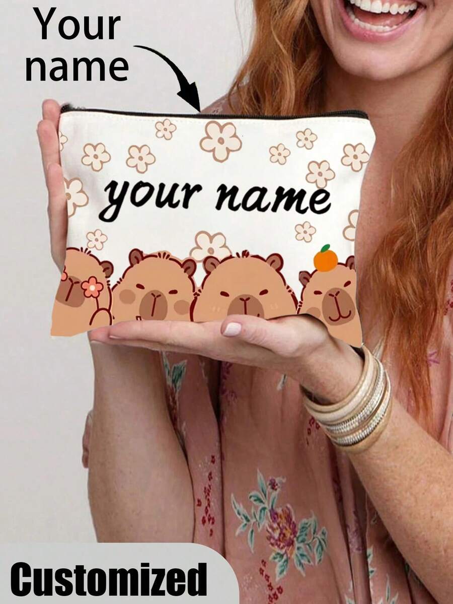 Custom Cosmetic Bag, Custom Letter Name Logo Storage Bag, Customizable Capybara Toiletry Bag With "Your Name" - Cute Cartoon Design, Can Be Customized According To Your Unique Design, Lightweight Zipper Cosmetic Bag, Coin Purse, Pencil Case, Perfect For Shopping, Dating, Vacation, Travel, Holidays, Parties Or As A Valentine'S Day Gift For Your Girlfriend