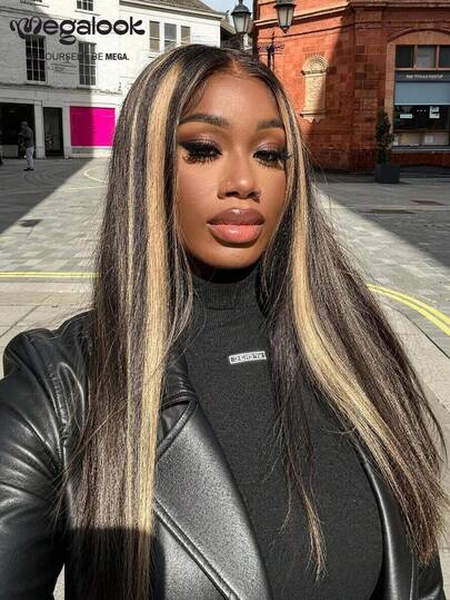 MEGALOOK 挑染高光100%真人发丝柔顺直发假发，6x5预剪蕾丝，预漂白发结，无需胶水，轻松佩戴，12-30英寸挑染彩色假发 - 新手友好，自然逼真，适合日常佩戴，可打造办公室、僵尸新娘、万圣节、派对、Y2K、坏女孩、度假、户外角色扮演、校园、学校假期、圣诞节、派对、婚礼、节日等各种场合，适合女性佩戴。