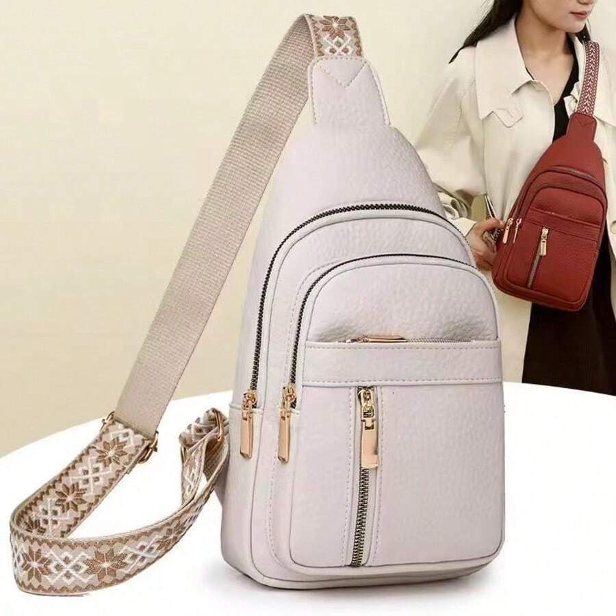 White, The New Fashion Classic Solid Color Pu Waterproof Fabric With Multi-Pocket Pattern Woven Shoulder Straps And Diagonal Shoulder Chest Bags Is Suitable For Shopping. - 白色 - 查看 1