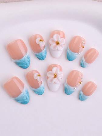 Add A Touch Of Romance With This 10-Pieces Classic Blue French French Long Almond Handmade Press On Nails Kit, It Features Pearlescent Nude 3D White Flowers, Pearls, And Small Gold Beads Embellishing A Full-Coverage Wavy Pattern Glossy Full Cover False Nails, The Set Includes Jelly Glue And Nail Files. Easy To Apply And Remove, For Women And Girls Valentine's Day