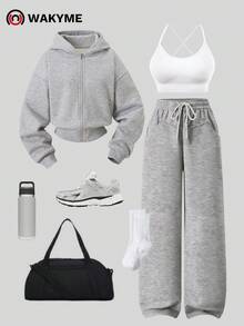 WAKYME 3pcs Women's Casual Sports Set - Cropped Zip-Up Hoodie + Criss-Cross Sports Bra + High-Waisted Wide Leg Pants, Light Gray & White, Fashionable Daily Wear - Multicolor - View 13