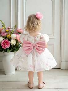 一件女婴蝴蝶印花薄纱连衣裙，宽肩带，适合一周岁生日派对、花童、婚礼等场合，不含头饰 - 彩色 - 查看 5